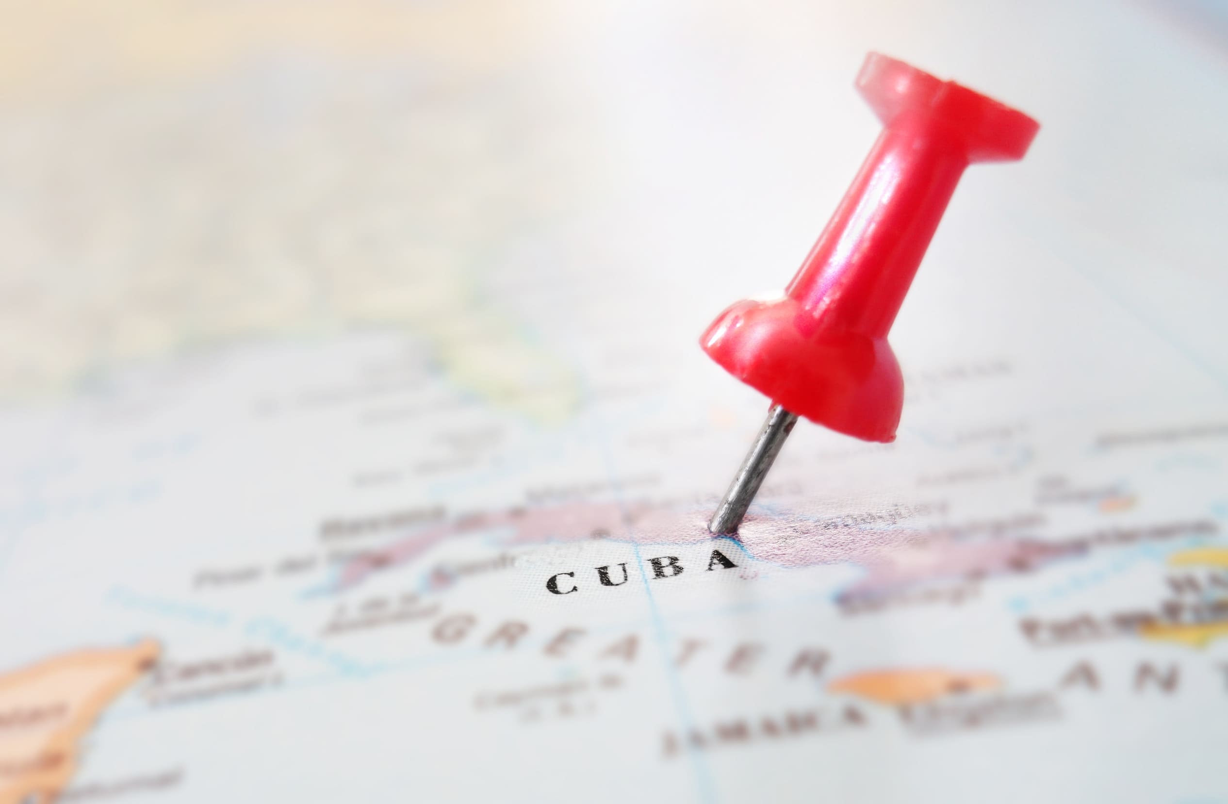 Closeup Of A Map Of Cuba With Red Thumb Tack