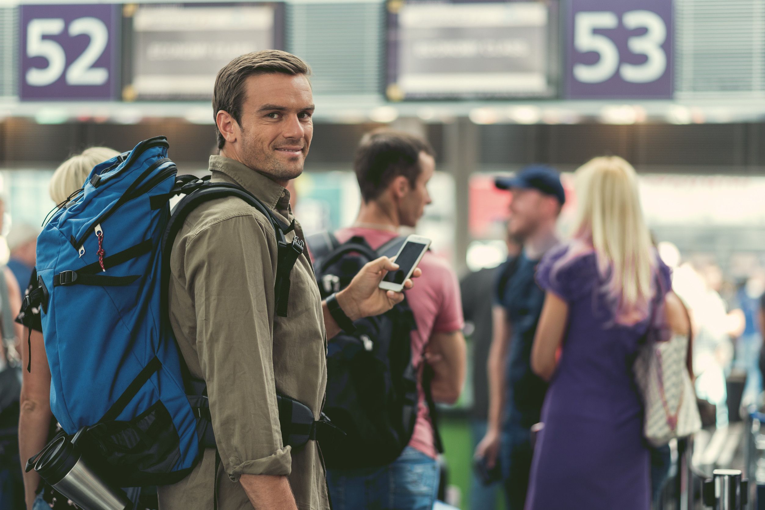 Keeping In Touch Delightful Adult Man With Backpack Is Holding