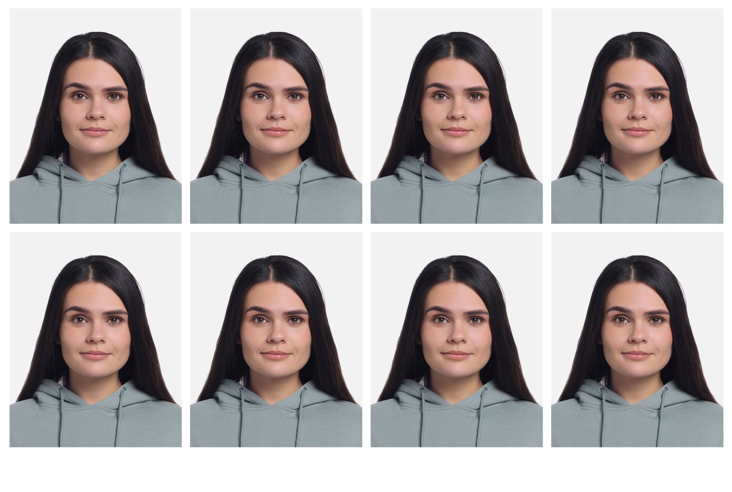 Passport Photo Collage Woman On White Background Set Of Photos